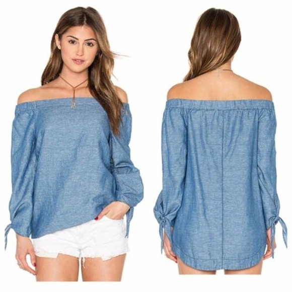 Free People Show Some Shoulder Off The Shoulder Chambray Top with Ties S - Picture 1 of 4